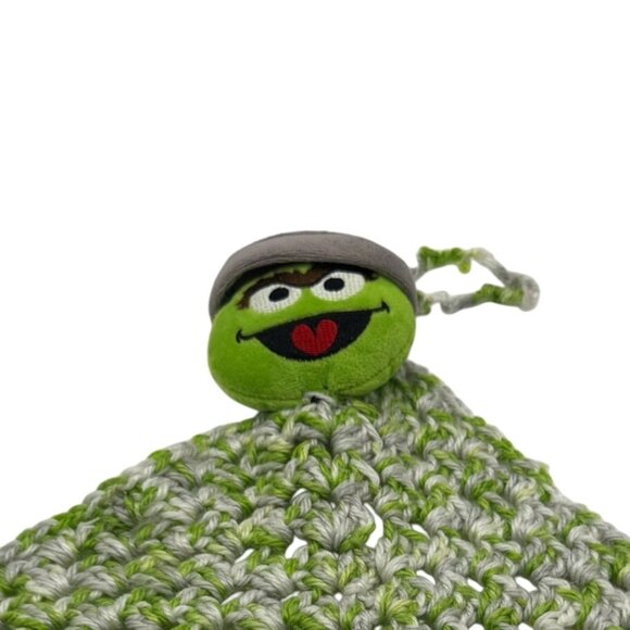 Oscar The Grouch Crochet Blanket Plush Head Green Gray Lovey Baby Item Handknit - Picture 5 of 5